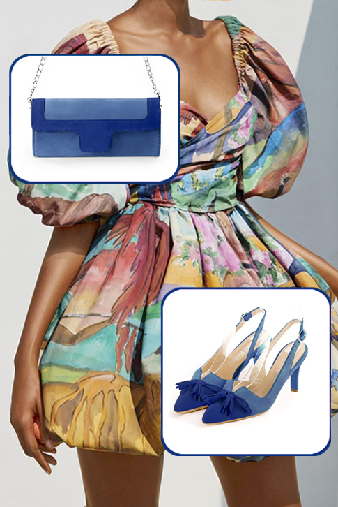 Women's electric blue elegant slingback heels, with a bow on the front. Tapered toe. High slim heel - Worn view